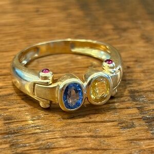14k solid Gold Multi-Gem Ring with Blue Topaz, Ruby & citrine Stones